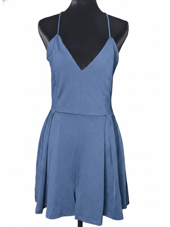 Pants - Blue Sleeveless Lace Back Romper with V-Neck